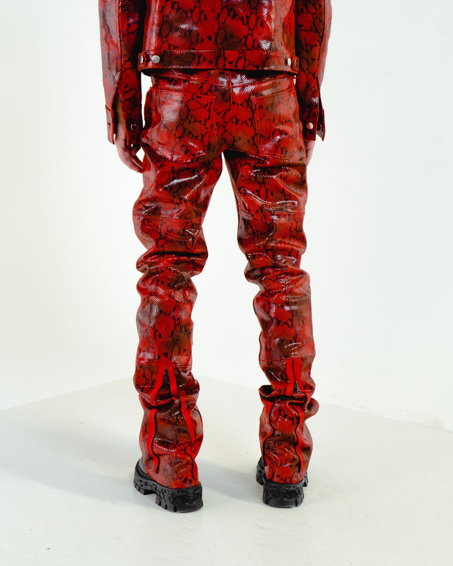 Red Snake Zip Flare Leather Pants