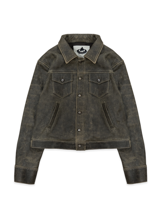 Leather Trucker Jacket - Brown — front
